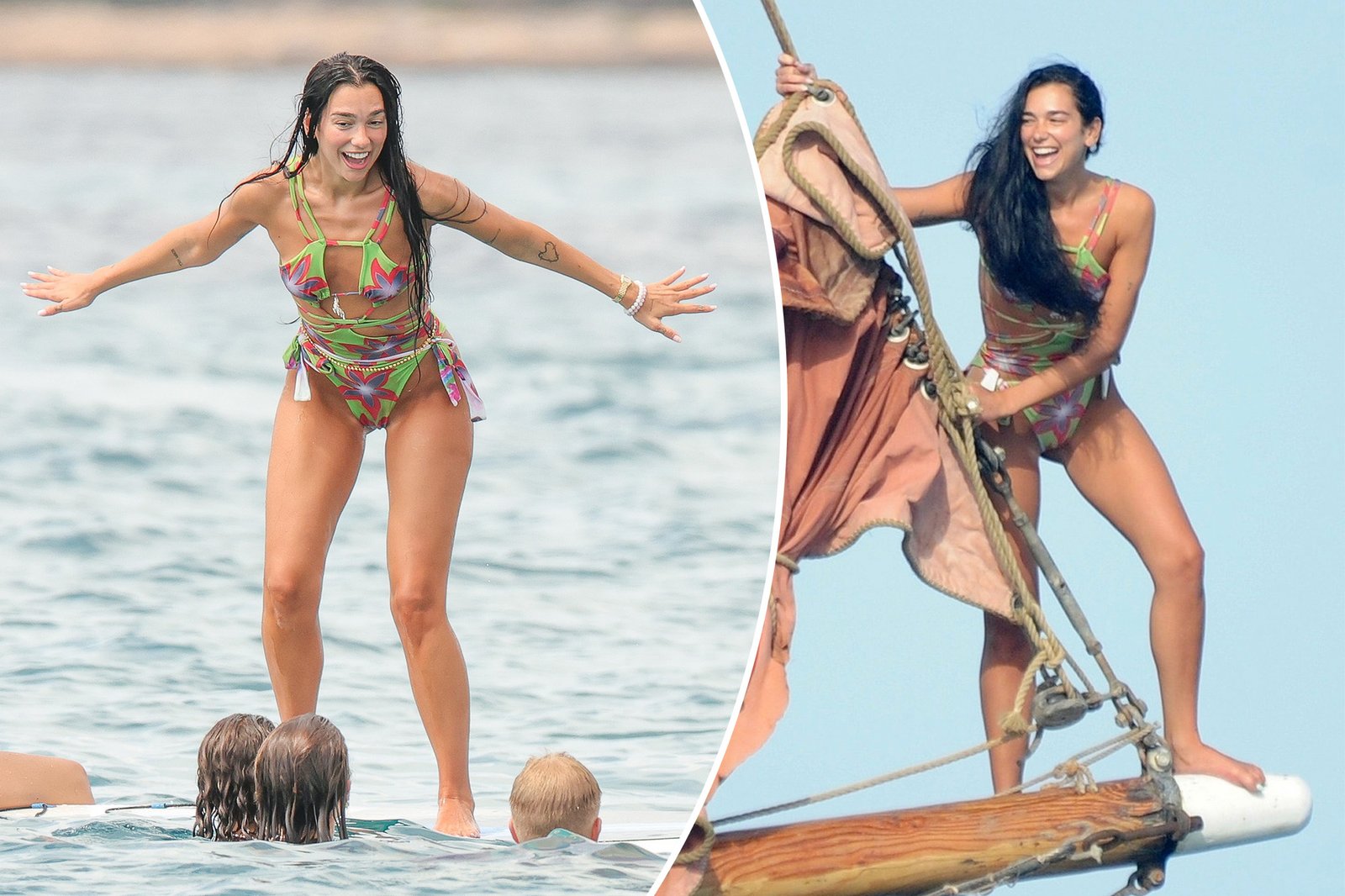 Dua Lipa leaps into the ocean, balances on surfboard while laughing with chums