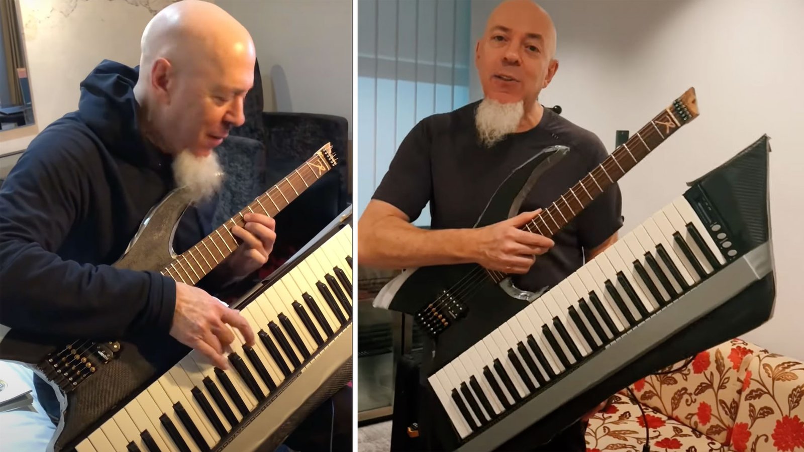 This is Jordan Rudess’s most stylish venture: a custom half of-guitar, half of-keyboard constructed by Druzkowski Guitars